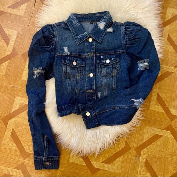 DENIM RIPPED JACKET PUFF SHOULDERS ASO ZARA - Picture 1 of 5